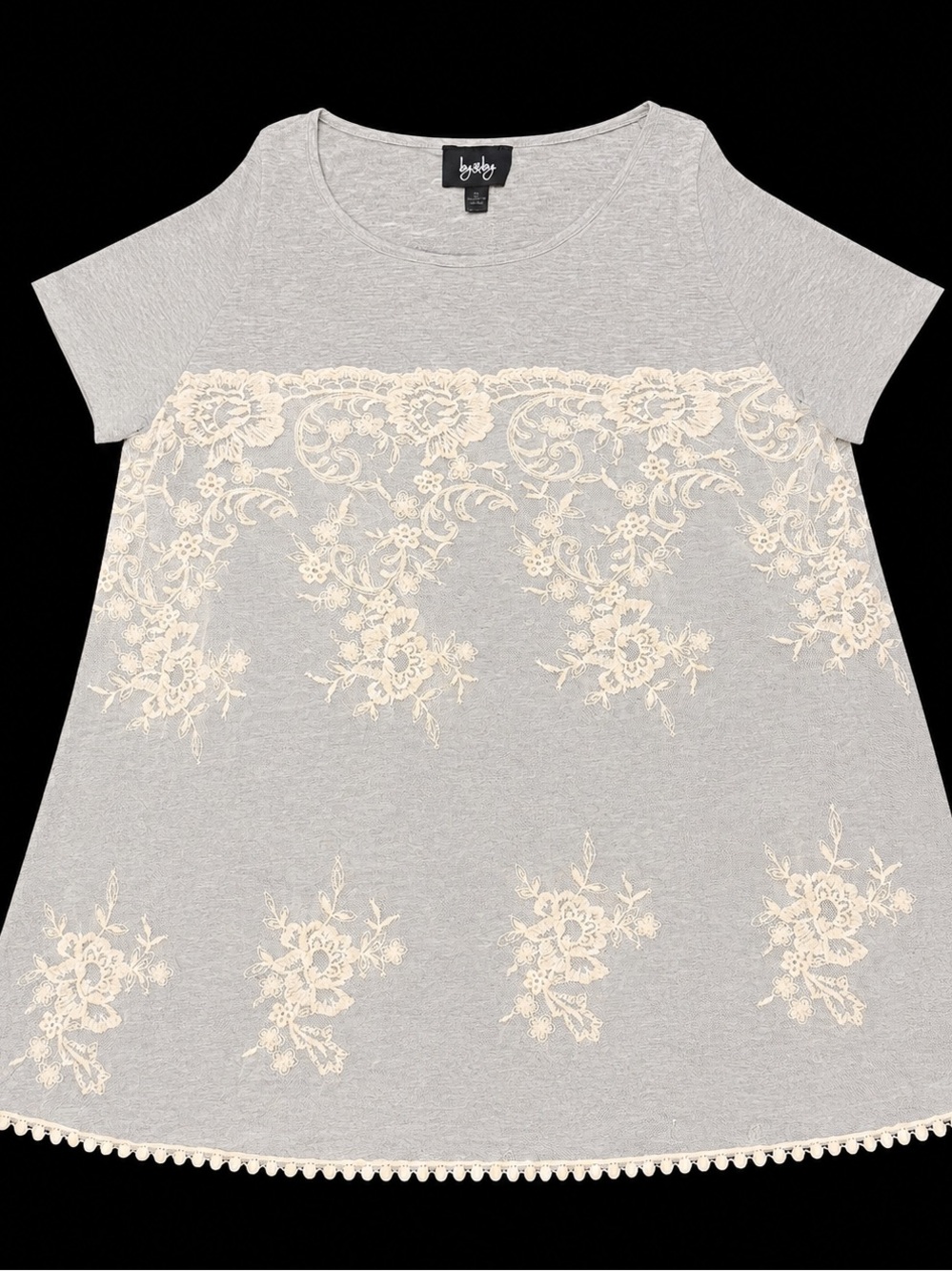 By & By Gray Lace Cold Shoulder Top | Embroidered Floral Mesh | Boho